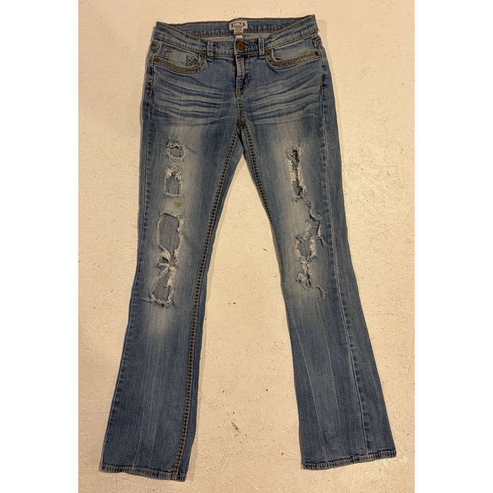 Mudd‎ Jeans Juniors 7 Blue Medium Wash Low Rise Bootcut Distressed Denim